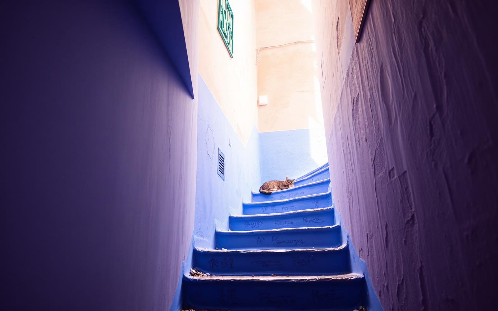 Blue-washed staircase in Chefchaouen with a cat sleeping