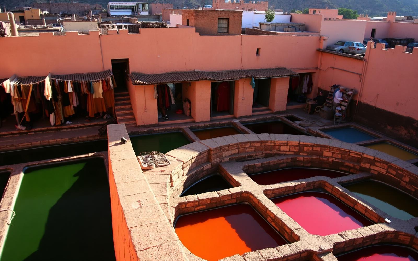 Chouara tanneries in Fes seen from a leather shop terrace