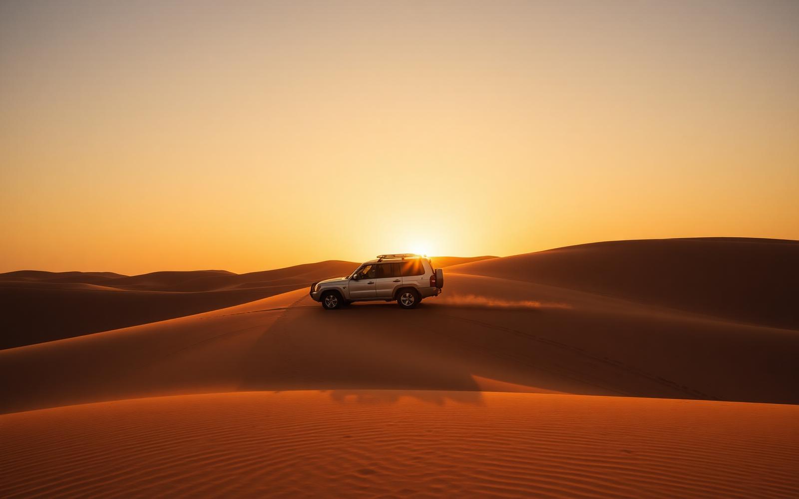 4x4 crossing the Erg Chebbi dunes at sunset